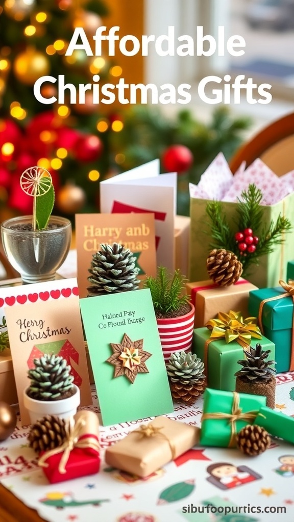 A festive display of affordable Christmas gifts including handmade cards, potted plants, and wrapped treats.